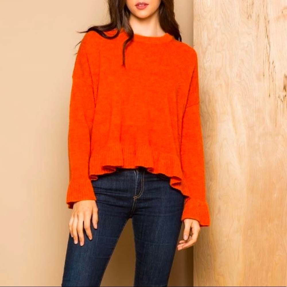 THML wool ruffle sweater in burnt orange